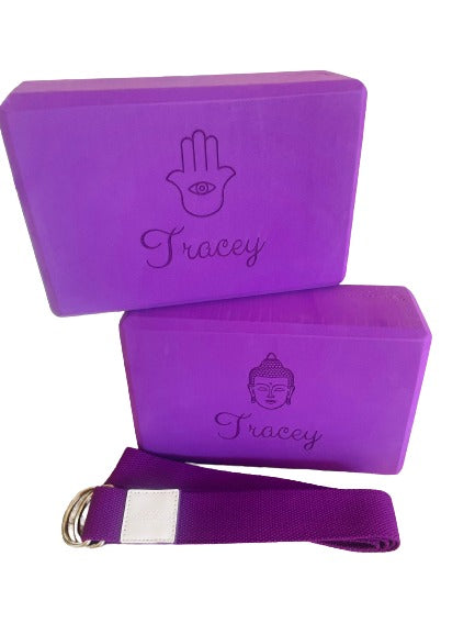 Two Engraved Yoga Blocks and Yoga Strap Bundle (Purple)
