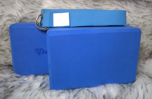 Two Engraved Yoga Blocks and Yoga Strap Bundle (Blue)