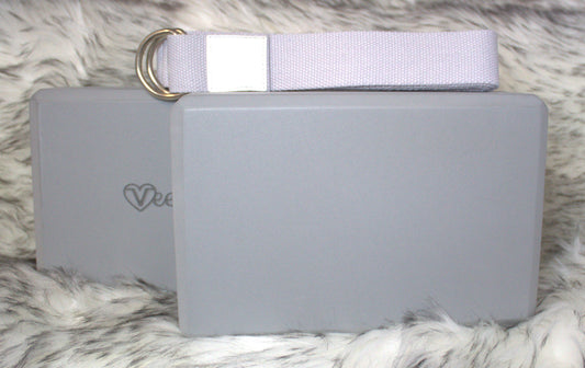 Two Engraved Yoga Blocks and Yoga Strap Bundle (Grey)