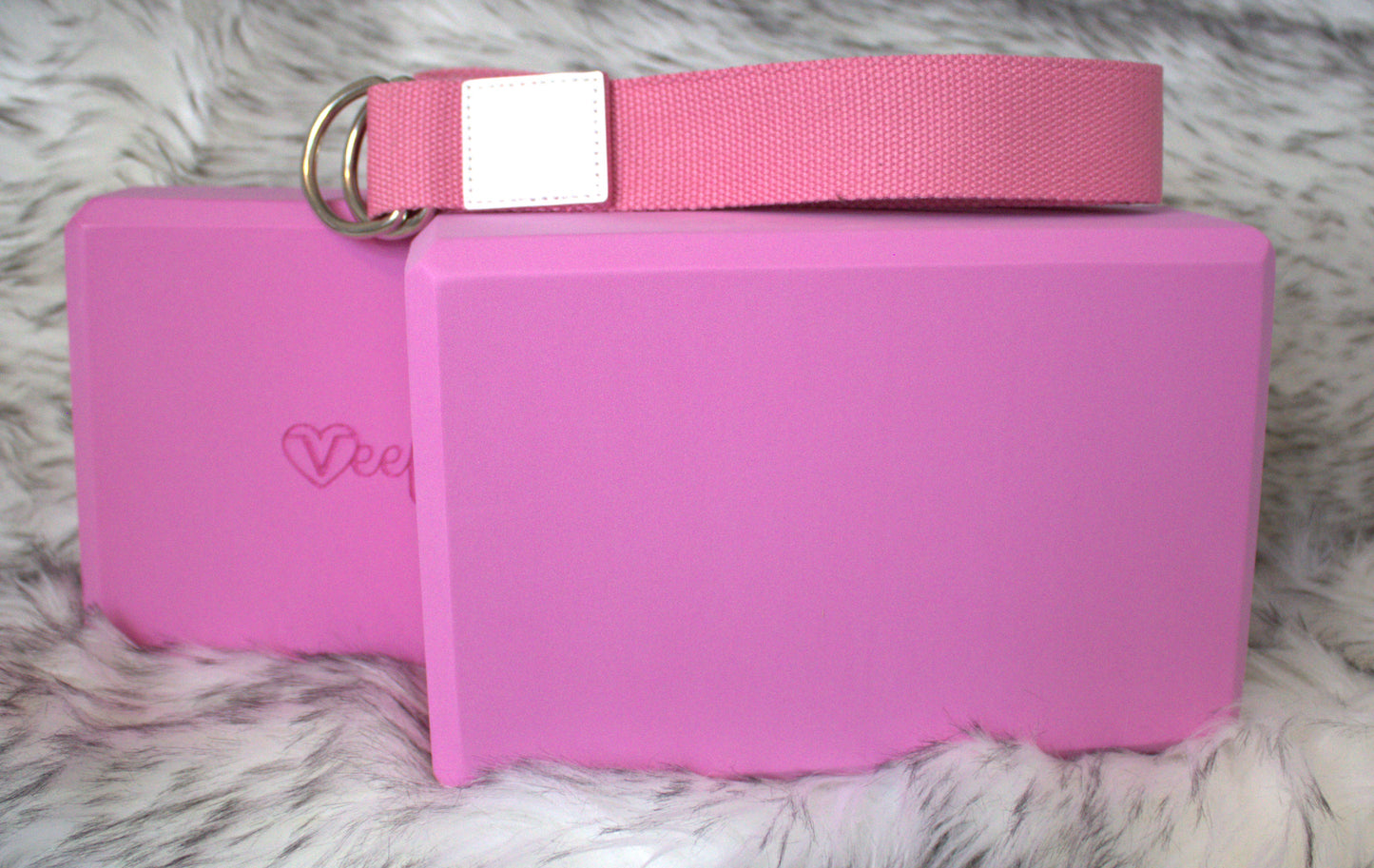 Two Engraved Yoga Blocks and Yoga Strap Bundle (Pink)