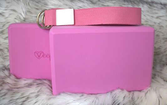 Two Engraved Yoga Blocks and Yoga Strap Bundle (Pink)