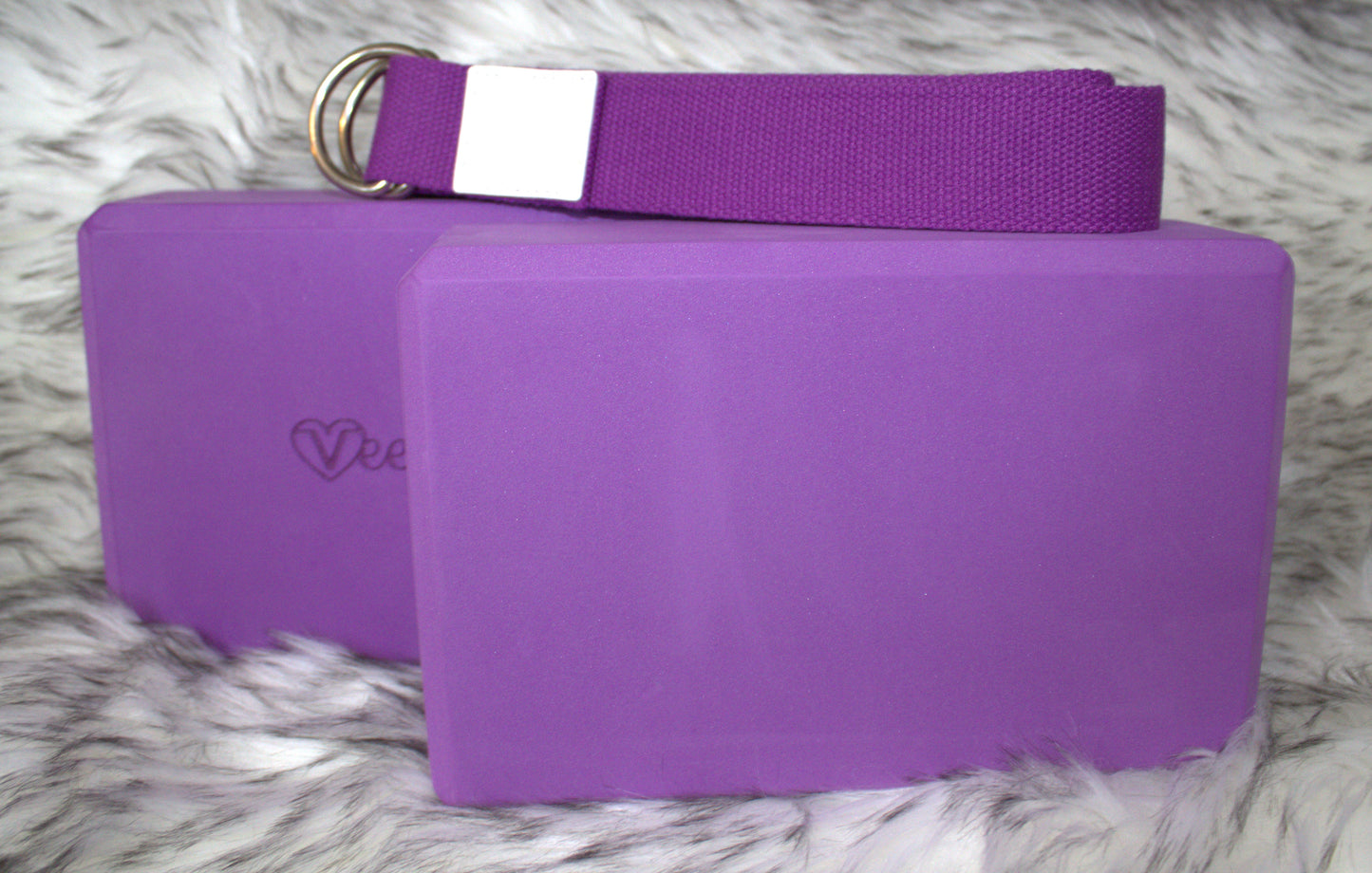 Two Engraved Yoga Blocks and Yoga Strap Bundle (Purple)